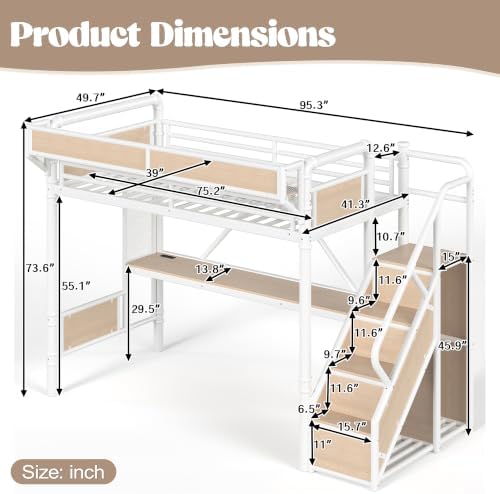 Bellemave Twin Metal Loft Bed with Stairs and Desk for Kids,Adults,White