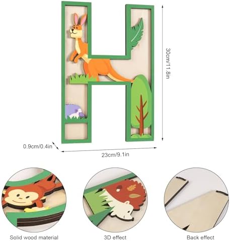 3D Layered Safari Nursery Wooden Letters for Wall Decor, 11.8" Green Large Baby Name Sign for Nursery, Animal Wood Alphabet Letter H Kids Room Initials for Front Door Shelf Home Decorations