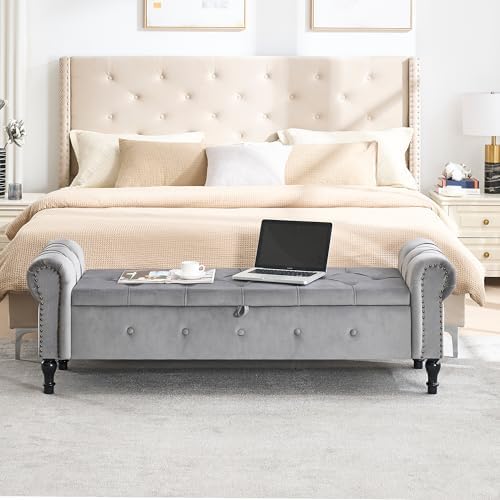 Storage Bench 67" Velvet End of Bed Benches Light Grey
