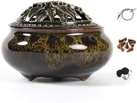 Incense Burner with Calabash Incense Stick Holder - Porcelain Charcoal Censer for Use with Resin Granular Powder Cone or Coil Incense (Fambe Green)