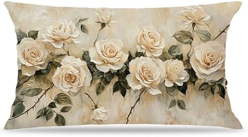 French Country Rose Floral Pillow Cover 12x20 Double-Sided, Vintage Cream Flower Decorative Lumbar Throw Pillow Cover for Home Bedroom Living Room