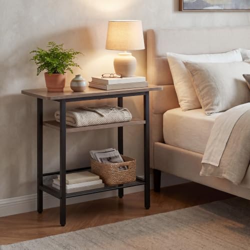 HOOBRO Side Table, Narrow End Table with Shelf, with Wide Storage Tabletop, 3-Tier Bedside Tables for Small Spaces for Living Room, Bedroom, Study, Greige and Black BG366BZ01