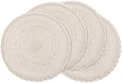 SHACOS Round Placemats Set of 4 Boho Braided Border Table Place Mats for Dining Table Wedding Holiday Party (Ivory Bordered, 4)