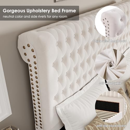 King Size Bed Frame 54" Tall Headboard with Gorgeous Button Tufted and Nail, Velvet Fabric Upholstered Bed Frame includes 4 Under-bed Storage Drawers, Wooden Slats, Noise-Free, Easy Assembly, Beige