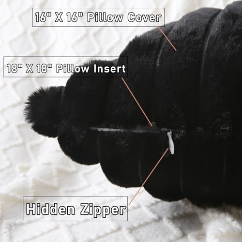Decorative Throw Pillow with Inserts, Set of 2 Soft Faux Fur Throw Pillows, Square Boho Striped Pillow for Couch, Bed, Sofa Decor(Black, 16" x 16")