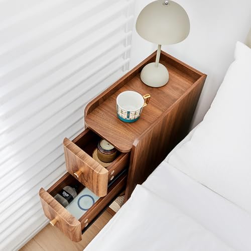 FurSch Narrow Nightstand, Wooden Small 2 Drawer Night Stand (Walnut-1 pc)