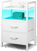 Lazzanto Nightstand with Rear Charging Station, LED Light, 2 Drawers, White