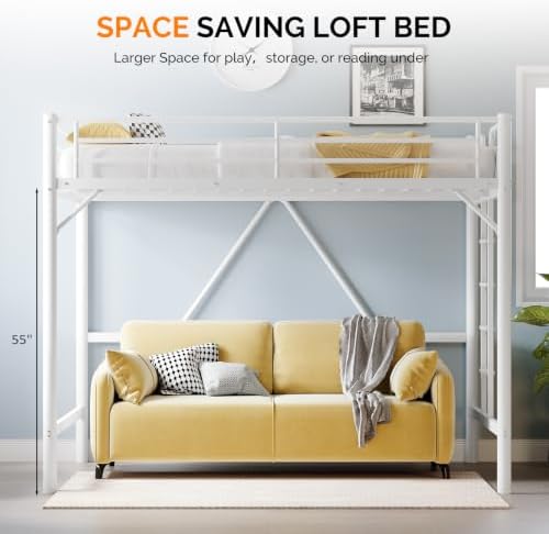 VINGLI Queen Loft Bed with Flat Rungs for Adults, Kids and Young Teens, No Box Spring Required,Heavy Duty Metal Slat Support, White