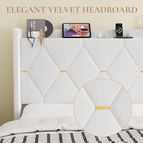SHA CERLIN Queen Bed Frame with Storage Headboard & Charging Station