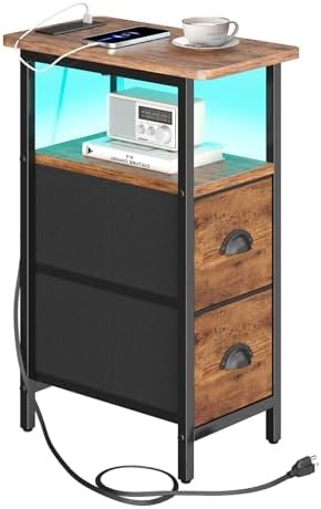 sthmec Narrow End Table with Charging Station, Narrow Side Table with 2 Fabric Drawers, LED End Table, Slim Nightstand with LED Light, Small Side Table for Small Space,Living Room,Bedroom,Rustic Brown