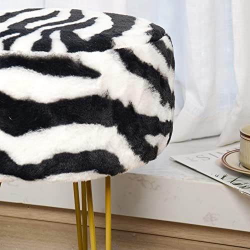 Zebra-Print Round Faux Fur Ottoman Soft Fuzzy Entryway Bench Seat, 13"x13"x17" Sturdy Accent Coffee Table for Living Room Makeup Vanity Stool with Golden Legs for Bedroom Closet Foot Rest