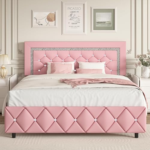 Queen Size Bed Frame, Faux Leather Upholstered Bed with Diamond Headboard