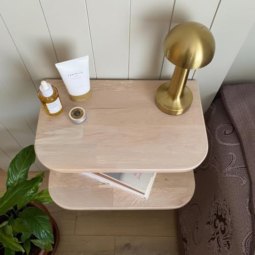 Floating Nightstand Wooden, Solid Alder Wood Bedside Table, Wall Mounted Shelf with LED Option, Slim Side Table with Open Storage, Varnish Finish (Wood White, with LED, 16.0, Inches)