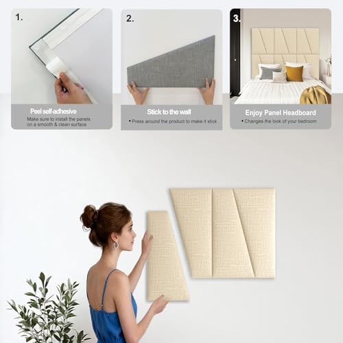 Peel and Stick Headboard for Queen Bed Linen Fabric Upholstered Wall Mounted Headboard - Wall Padding Panel in Beige for Bedroom/Living Room/Dorm (6 Panels)