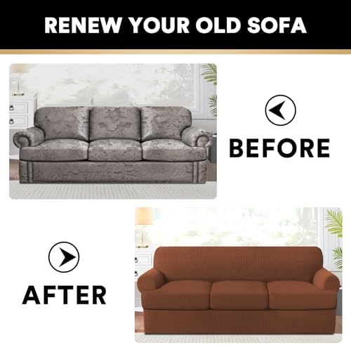 PrinceDeco T Cushion Sofa Slipcover 4 Pieces Sofa Covers for T Cushion Couch Soft Couch Cover (70"-88") Sofa Slip Cover Furniture Covers with 3 Individual T Shape Seat Covers Washable, Caramel