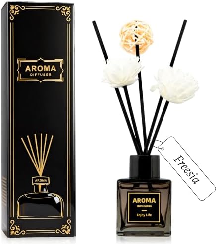 Black Glass Bottle Scent Diffuser, 1.7 oz Reed Diffuser with Sticks, Home Fragrance for Bookshelf, Bedroom Vanity, Office Desk & Bathroom Decor, Air Freshener for Aesthetic Room Decor (Freesia)