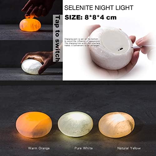 MIYA LIFE Selenite Lamp Hand Carved Stone Lamp Rechargeable Taplights Selenite Crystal Light with Dimmer (White/Warm/Yellow) for Bedroom Healing Natural Crystal Light (1 Piece, Round Taplight)