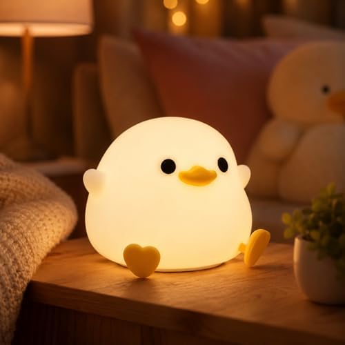 Ding Ding Duck Night Light, LED Squishy Novelty Animal Night Lamp, Food Grade Silicone 3 Level Dimmable Nursery Nightlight for Desk Decor, Funny Gifts Stuff for Boys Girls Baby, White Elephant Gifts