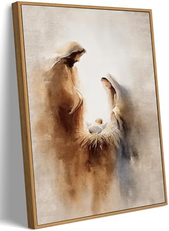 Framed Christian Wall Art Holy Family Nativity Canvas Print 16x24 Inch