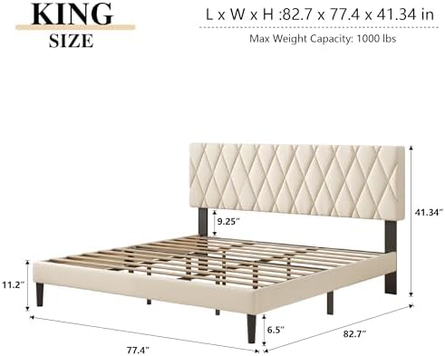 CXVX King Size Bed Frame with Diamond Tufted Headboard, Velvet Upholstered Platform Bed and Wooden Slat Support, Noise-Free, No Box Spring Needed, Easy Assembly, Beige