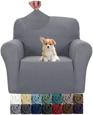 JIVINER Super Stretch Chair Sofa Slipcovers 1-Piece Jacquard Chair Covers for Living Room Soft Anti Slip 1 Seater Couch Furniture Protector Small Checks for Kids Pets (Chair, Light Gray)