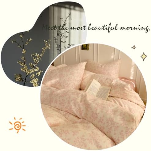 HighBuy French Floral Muslin Duvet Cover Set King Size for Women Girls,Pink Floral Print Princess Bedding Set,Soft 100% Gauze Cotton Muslin Bedding Comforter Cover with Zipper Closure