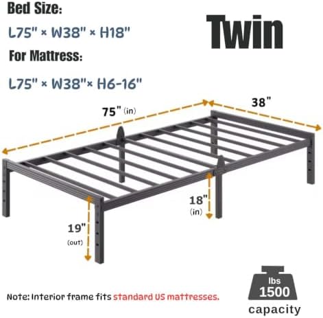 18 Inch Twin Size Metal Platform Bed Frame,Mattress Anti-Slip Design