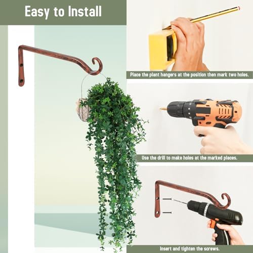 FEED GARDEN Plant Hooks 2 Pack 10 Inch, Solid 10 mm Steel Wall Mounted Hanging Brackets, 48lb Rated, 1.4" Hook Opening, for Bird Feeders Baskets Wind Chimes, Indoor Outdoor Antique Bronze