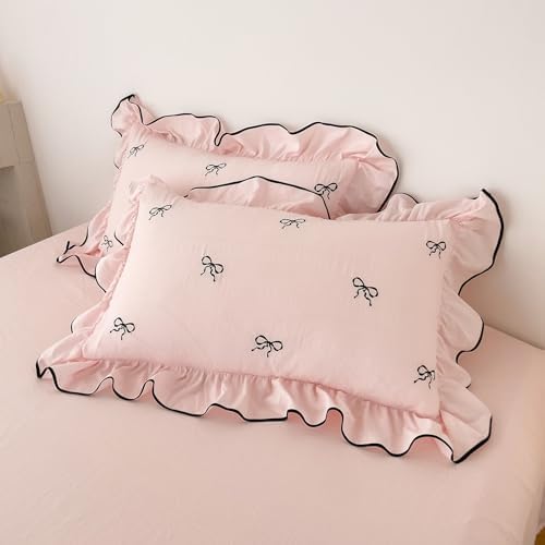 Bow Twin Bed Duvet Cover Pink Embroidered Twin Comforter Cover Ruffle Boho Washed Brushed Microfiber Farmhouse Duvet Cover Set with 2 Pillow Cases Zipper Bedding Set Coquette Duvet Protector