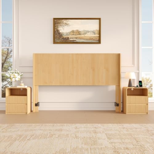 Queen Size Headboard with Nightstands, Boho Wood Head Board & Nightstand Set of 2 with Charging Station & LED Lights, Modern Fluted Wall-Mounted Bed Headboards for Bedroom, Height Adjustable, Natural