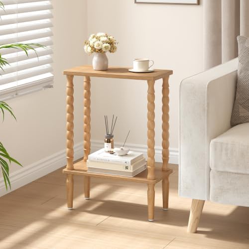 TUTOTAK Narrow Side Table with Solid Wood Legs, 2-Tier Small End Table