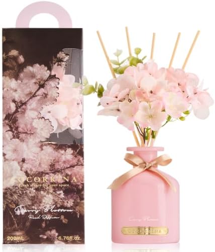 Cherry Blossom Reed Diffuser Set with Flowers, 6.76 fl oz