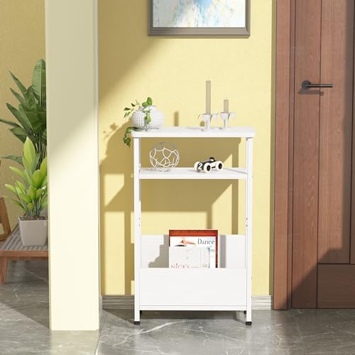 THUMEYE 7.1" Narrow Side Table for Small Spaces, 3 Tier Small End Table with Magazine Holder, Slim/Skinny Nightstand/Bedside Table for Living Room, Bedroom, 15.4" L x 24.2" H, White