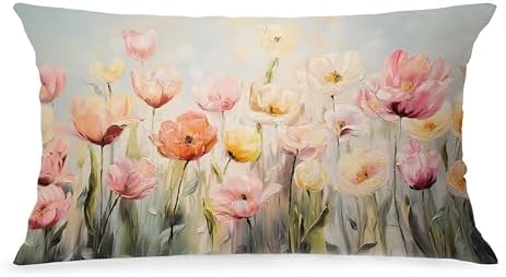 Spring Tulip Floral Lumbar Pillow Cover 12x20 Double-Sided, Cottagecore Room Home Decor, Farmhouse Easter Abstract Pink Flower Decorative Throw Pillow Cover for Living Room Home Bedroom