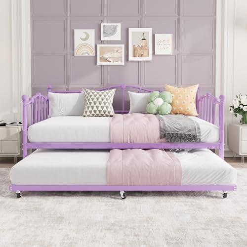 GarveeHome Twin Daybed with Trundle, Metal Sofa Bed Frame with Steel Slat Support, Twin Size Space-Saving Furniture for Living Room, Bedroom, Love Heart Design, No Box Spring Needed, Purple