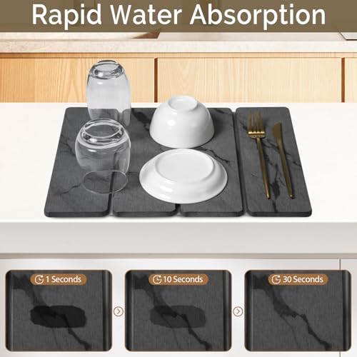 Small Stone Dish Drying Mat for Kitchen Counter, 2 PCS 16"×12" & 8"x4" Quick Dry Stone Mats, Foldable Water Absorbing Diatomite Drying Dish Pad for Countertop Bottles Utensils Cups(Dark Gray Ink)