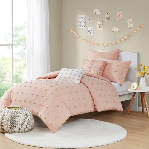 Intelligent Design Duvet Set 100% Cotton Jacquard, Tufts Accent, Shabby Chic All Season Cover for Comforter, Matching Shams, Decorative Pillows, Twin/Twin XL (68 in x 92 in), Pink 5 Piece