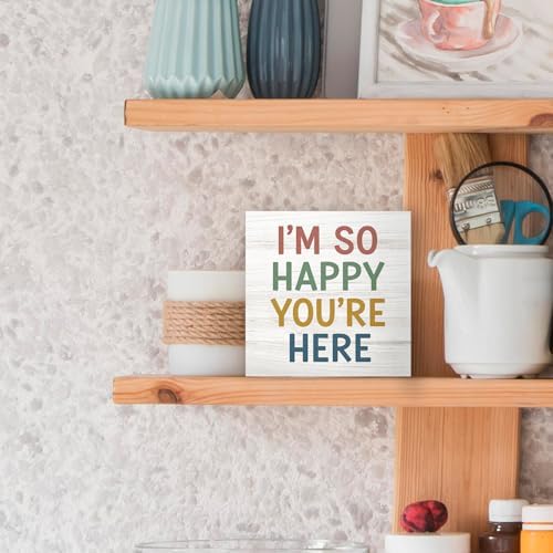 Boho Classroom Wood Box Sign Desk Decor 5X5, I'm So Happy You're Here Wooden Block Sign Decorations for Kids Nursery Room Bedroom Playroom Classroom Desk Table Wall Tabletop Shelf Decor