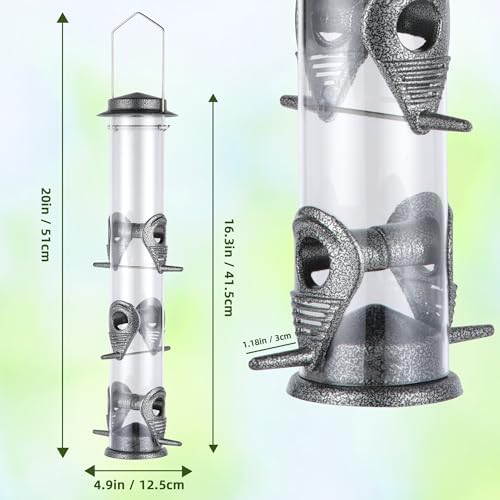 MIXXIDEA 2PK Metal Bird Feeders with 6 Feeding Ports,Tube Bird Feeder with Steel Hanger,Hard Plastic Wild Bird Feeder for Outdoors Hanging, Attracting Birds in Your Lawn, Garden, Balcony (Grey)