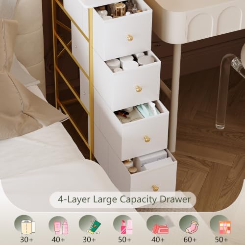 Narrow Side Table with 4 Fabric Drawer, Slim BedsideTable for Bedroom
