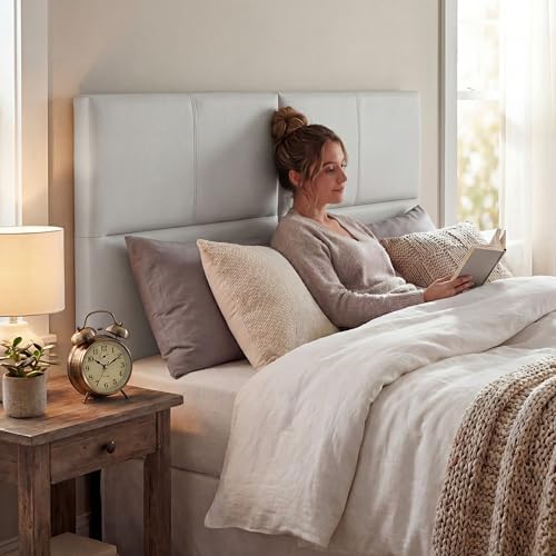 HAOBO Home Upholstered Queen Headboard Only, Faux Leather Panel Beige Gray
