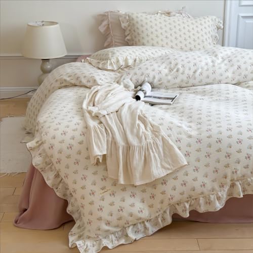 BuLuTu Cotton Muslin Kids Duvet Cover Set Twin Size, Shabby Chic Azalea Floral Comforter Cover with Ruffles, Kids Teens Girls Boys Bedding Set, Soft Lightweight Quilt Cover with 2 Pillowcases