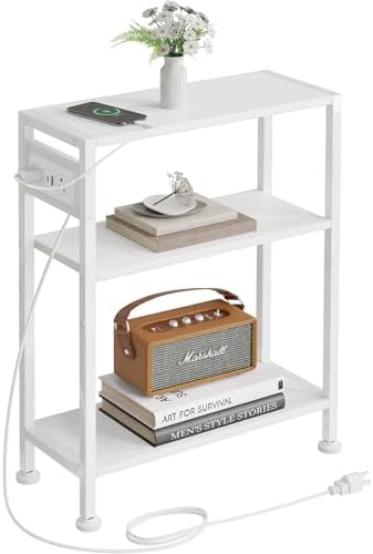 End Table with Charging Station, 3-Tier Side Table for Small Space, Skinny Nightstand with USB/Type C Port and 2 Outlets, Slim Sofa Beside Table for Living Room, Bedroom and Balcony, White