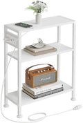 End Table with Charging Station, 3-Tier Side Table for Small Space, Skinny Nightstand with USB/Type C Port and 2 Outlets, Slim Sofa Beside Table for Living Room, Bedroom and Balcony, White