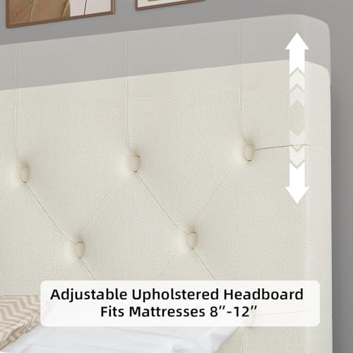 HOMBCK Twin Size Bed Frame with Adjustable Headboard, Cream