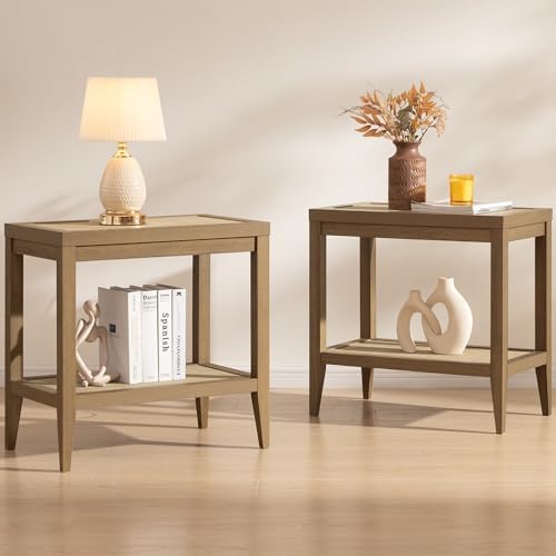 SICOTAS Rattan Living Room Side Table, 2 Pieces End Table with Storage