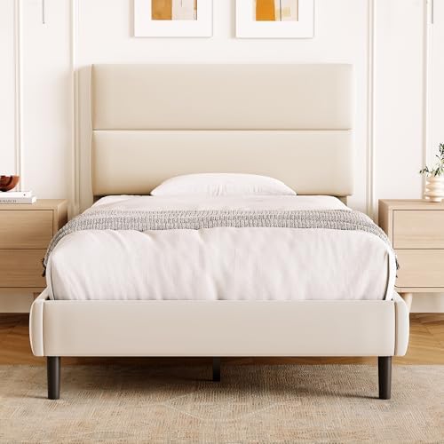 GRUSIGN Twin Size Platform Bed Frame with Velvet Headboard, Adjustable Height Wooden Slats Support, Upholstered Mattress Foundation, Fits Mattress or Mattress with Box Spring, Easy Assembly, Beige