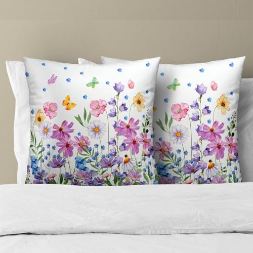 Watercolor Floral Pillow Covers 18x18 Inches Set of 2 Spring Summer Wildflower Butterfly Cotton Cushion Covers for Home Home Sofa Couch
