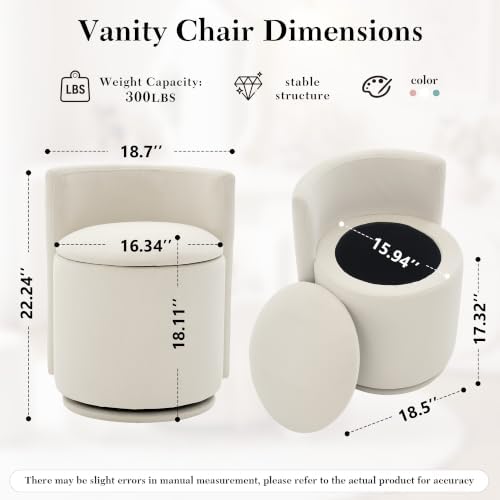 FOXHUNTER Vanity Stool with Storage, 360° Swivel Accent Chair,Velvet Beige