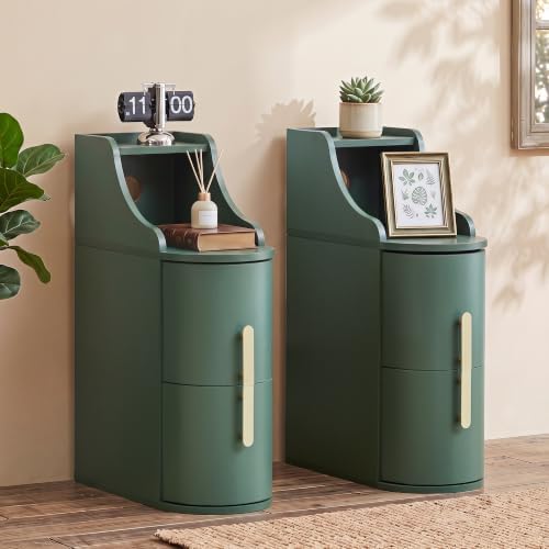 7.87" Narrow Nightstand Set of 2, Small Bedside Table with 2 Drawers, Green Skinny Side Table, Modern Nightstand with 1 Semi-Open Shelf, Floating End Table for Living Room, Bedroom